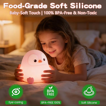 Penguin Night Light for Kids,Cute Pink Penguin Lamp,Soft Silicone Nursery Night Light,LED Squishy Novelty Animal Bedside Lamp,Rechargeable/Dimmable/Timer,Room Deco,Christmas Gifts for Mom Girls Baby