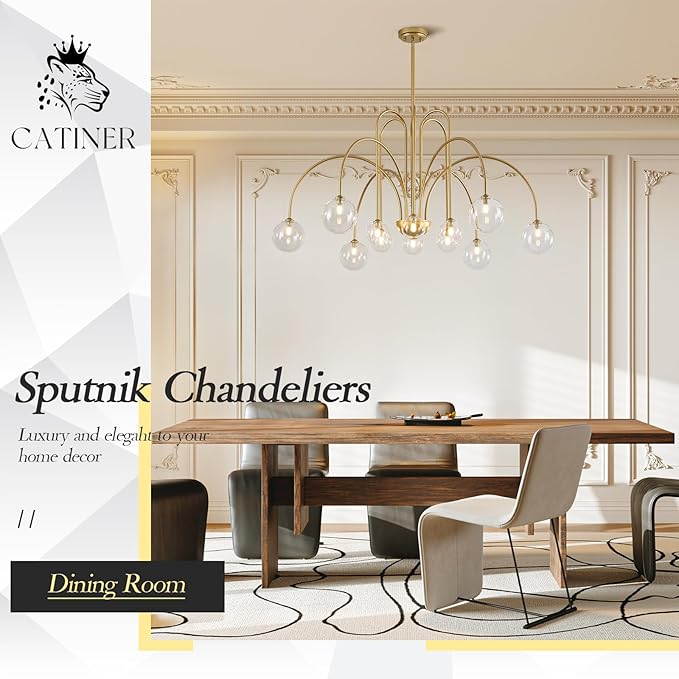 CATINER Gold Sputnik Chandeliers 12 Lights Modern Chandelier Large L52”Mid Century Ceiling Pendant Light Fixtures with Clear Glass Globe Shades for High Ceiling Living Dining Room Foyer Staircase