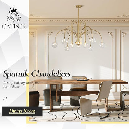 CATINER Gold Sputnik Chandeliers 12 Lights Modern Chandelier Large L52”Mid Century Ceiling Pendant Light Fixtures with Clear Glass Globe Shades for High Ceiling Living Dining Room Foyer Staircase