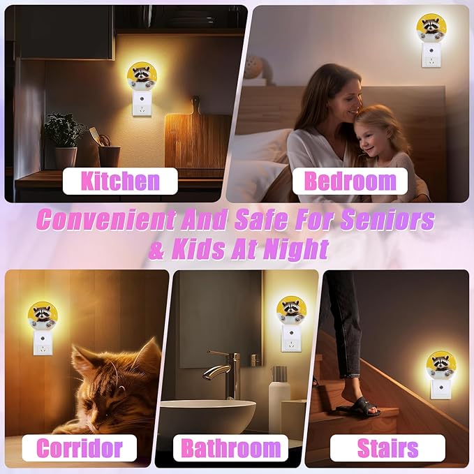 Cute Raccoon Night Light Animal Night Lights LED Lamp Round Plug into Wall Nightlight with Dusk to Dawn Sensor Home Hallway Stairway Kitchen Decor
