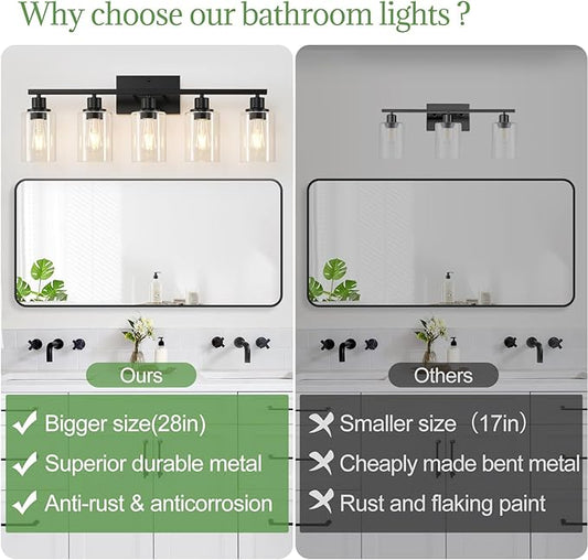 MOKATNG 5-Light Bathroom Light Fixtures, Vanity Light with Clear Glass Shades, Matte Black Bathroom Light Fixtures Over Mirror, Modern Bathroom Wall Lamp for Mirror Living Room Cabinet Bedroom