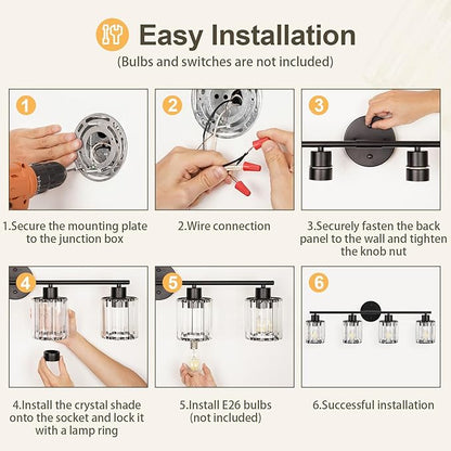 Crystal Bathroom Light Fixtures, Bathroom Lighting Fixtures Over Mirror, Modern Black Gold 4-Light Vanity Lights for Mirror, Restroom, Bedroom (Ceramic E26 Socket,Bulbs Not Include)