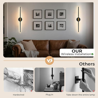 GvvooHome 28.3" Battery Operated Wall Sconces Set of 2, 360°Rotation Rechargeable Wall Lights with Remote Control, 3000K-6500K LED Detachable Wall Lamp for Bedroom, Hallway, Black Gold