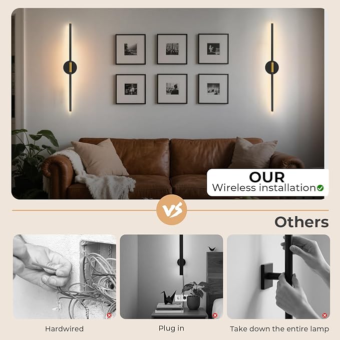 GvvooHome 28" Battery Operated Wall Sconce, 360°Rotation Wireless Rechargeable Wall Lights with Remote Control, 3000K-6500K LED Detachable Wall Lamp for Bedroom, Hallway, Background Wall, Black Gold