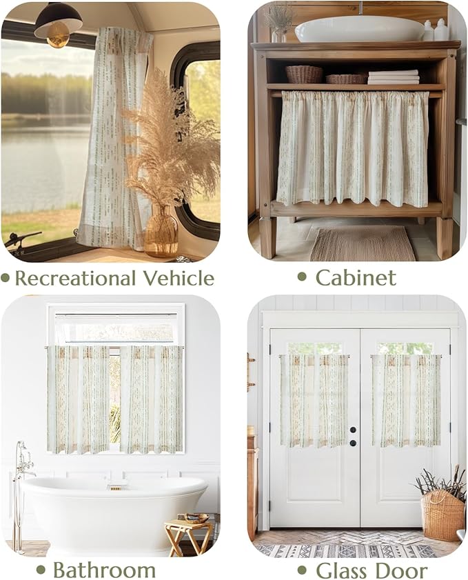 jinchan Boho Kitchen Curtains Linen Cafe Tier Curtains 36 Inch Bohemian Geometric Striped Mudcloth Small Window Drapes for Living Room Bathroom Light Filtering Back Tab 2 Panels Sage Green on Flax