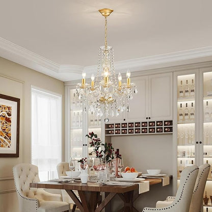 WUZUPS Crystal 5-Light Candle Chandelier Pendant Flushmount Ceiling Light Modern Lighting Fixture for Bedroom Hallway Bar Kitchen Bathroom, H 25" x W 20", Gold, E12 Base