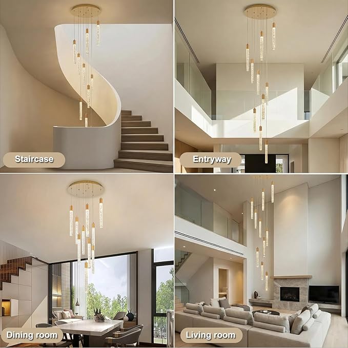 GEADI Modern LED High Ceiling Chandelier with Remote Control,10 Lights Crystal Foyer Chandeliers for High Ceilings,Gold Dimmable Long Pendant Light for Staircase Entryway Living Room