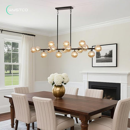 56 Inch Black Linear Chandeliers for Dining Room, Kitchen Island, Living Room, 16-Light Mid Century Modern Light Fixture Over Table, Large Amber Glass Globe Sputnik Bubble Chandelier