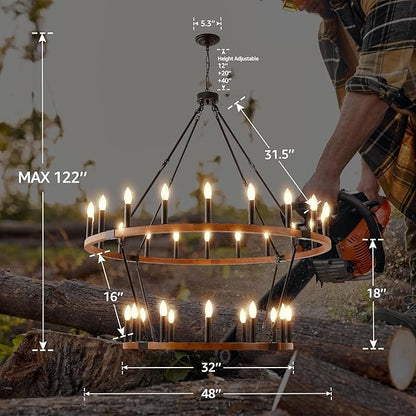 HHR 2 Tier 48'' Solid Wood Wagon Wheel Chandelier, 32-Light High Ceiling Island Lights Fixtures, Rustic Large Chandelier for Farmhouse Dining Room Bedroom Entryway Living Room Café E12