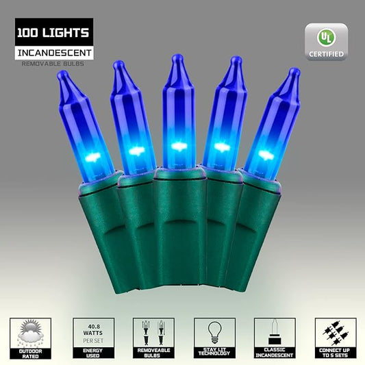 100LIGHTS BLUE Extra-Bright With End Connectors Christmas Decorative Lights 5.98m UL Certified Mini String Light Set Waterproof for Home Garden Holiday Christmas Tree Party Patio Decor Wedding
