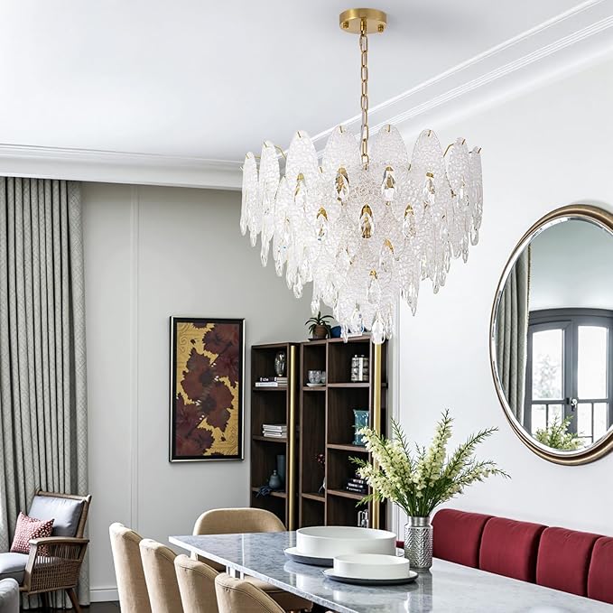 24" Tiered Chandelier, Modern Round 5-Tier Gold Chandeliers for Dining Room,9-Light Tiered Glass Luxury Contemporary Lighting Fixture Kitchen Island,Bedroom,Living RoomL24'' × W24'' × H16''