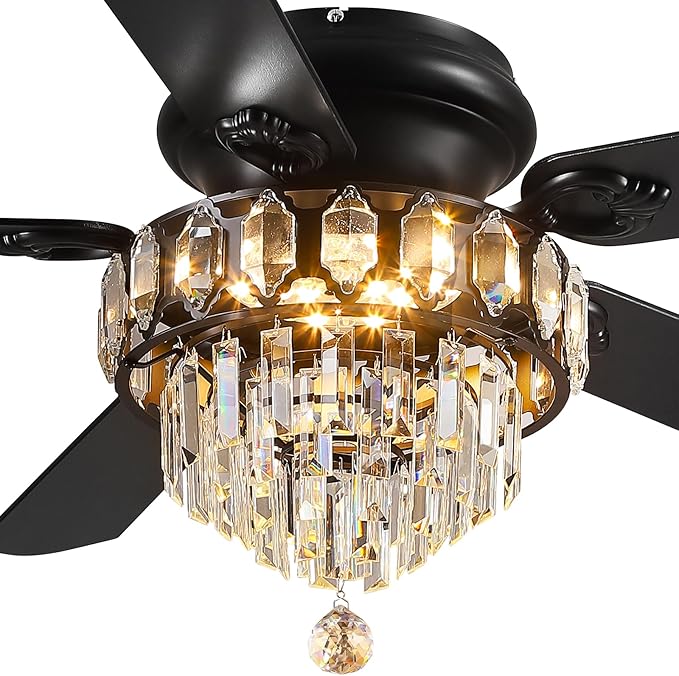 Asyko 52" Low Profile Crystal Ceiling Fan Fandelier with Lights and Remote Control- Retro/Farmhouse Ceiling Fans with Noiseless DC Motor, Flush Mount Ceiling Fan Light for Dining Room,Bedroom
