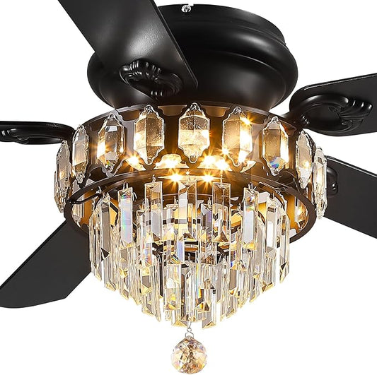 Asyko 52" Low Profile Crystal Ceiling Fan Fandelier with Lights and Remote Control- Retro/Farmhouse Ceiling Fans with Noiseless DC Motor, Flush Mount Ceiling Fan Light for Dining Room,Bedroom
