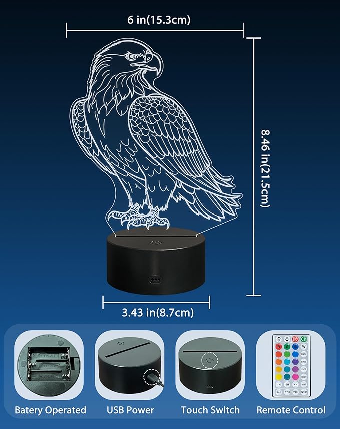 3D Illusion Eagle Night Light, Cartoon Table Lamp with Remote Control, 16 Colors, Kids Bedroom Decoration, Creative Birthday Christmas Eagle Gifts for Boys Girls