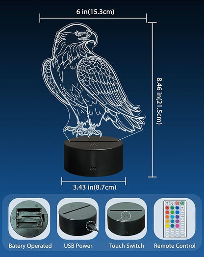 3D Illusion Eagle Night Light, Cartoon Table Lamp with Remote Control, 16 Colors, Kids Bedroom Decoration, Creative Birthday Christmas Eagle Gifts for Boys Girls