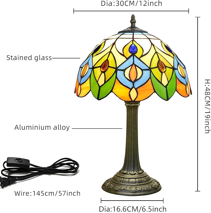 Tiffany Style Table Lamp With Retro Peacock Stained Glass Lamp 12 Inch Bronze Base Bedside Lamp Bedroom Living Rooms, Offices, Hotel Classics Luxury Style Decorative Ambient Light Bedside Lamp
