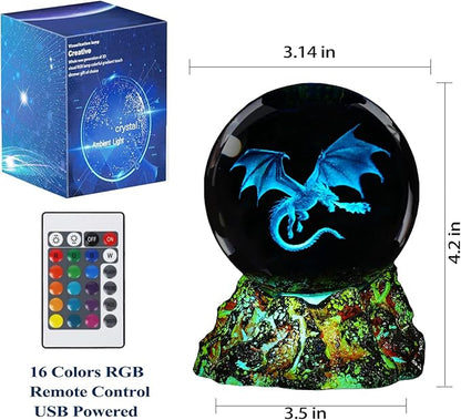 Dragon Night Light, 3.15 Inch (80mm) K9 Crystal Upgraded Volcanic Lava Base 3D Lamp with Remote 16 Color for Birthday Xmas Cool Figurines Dragon Gifts for Room Decor Boys Girls
