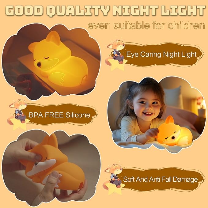 YR YRHH-PET Cute Fox Lamp, Silicone Rechargeable Dimmable Night Light for Kids, Baby Nursery Nightlight, Woodland Animal Decor, White Elephant Gifts, Touch Light Up, Safe BPA-Free, Orange