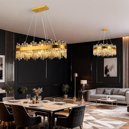 Weesalife Gold Crystal Chandeliers for Dining Room Lights Fixtures Over Table, 16 Lights Modern Rectangle 2-Tier Chandeliers for Kitchen Island Bar L32 Inch