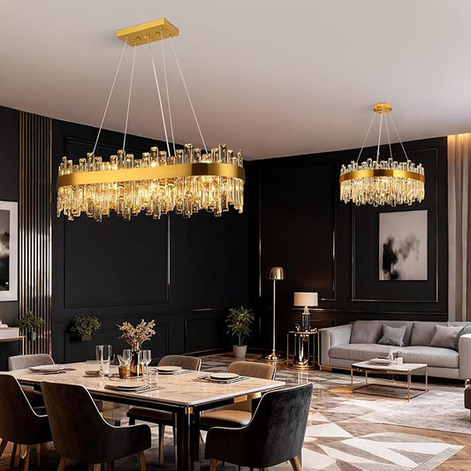 Weesalife Gold Crystal Chandeliers for Dining Room Lights Fixtures Over Table, 16 Lights Modern Rectangle 2-Tier Chandeliers for Kitchen Island Bar L32 Inch