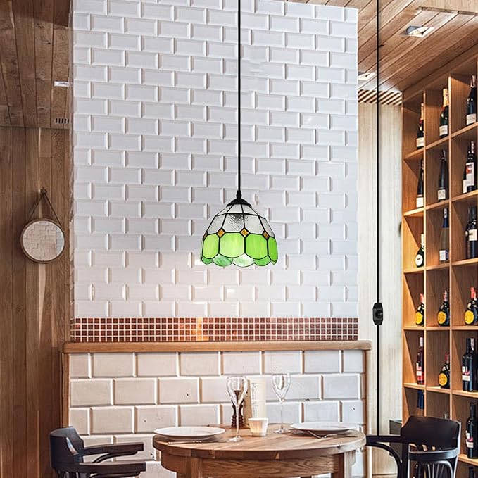 HuisMier Tiffany Style Plug in Pendant Light, Green Mini Chandelier with 15 Ft Hanging Cord and On/Off Dimmer Switch, Vintage Swag Ceiling Lamp for Dining Room Bedroom Living Room Porch, 7.9" Width