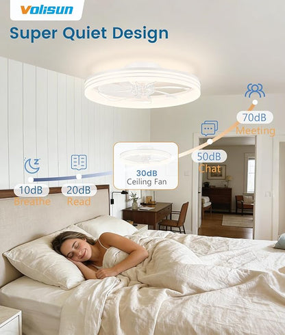 VOLISUN Low Profile Ceiling Fans with Lights and Remote, 20in Flush Mount Ceiling Fan with Light, 3000K-6500K Dimmable Fandelier LED Fan Light, White Bladeless Ceiling Fans with Lights for Bedroom