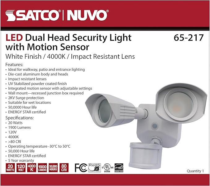 Nuvo 65/217 LED Dual-Head Security Light, 4000K, Motion Sensor, White