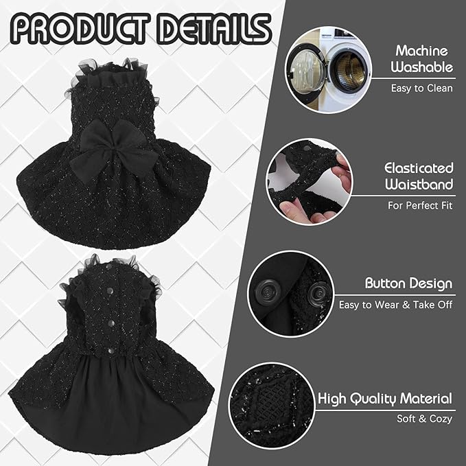 Kuoser Dog Dress, Cute Dog Dresses for Small Dogs Girl Elegant Puppy Tutu with Bow-Knot, Doggie Princess Costume Pet Outfit for Birthday Party Christmas Halloween Wedding, Black S
