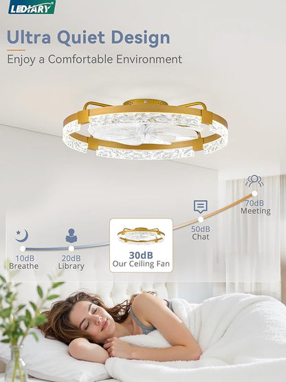 LEDIARY 2 Pack 24 Inch Low Profile Ceiling Fans with Lights and Remote, Fandelier Modern Ceiling Fan, 3000K-6000K Dimmable LED Fan Light, Gold Flush Mount Ceiling Fans with Lights for Bedroom