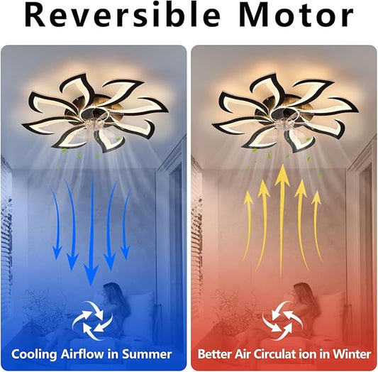 Black Flower Modern Ceiling Fans with Lights, Low Profile Ceiling Fan with Remote for Bedroom, 32inch Flush Mount Ceiling Fan with LED Dimmable Light,6-Speeds, Timing CeilingFan Light-8L