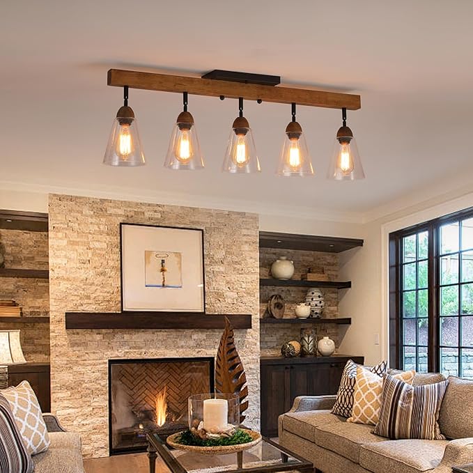 5-Light Large Rustic Farmhouse Wood Flush Mount Ceiling Light Fixture Clear Seeded Glass Shade and Oak Wood Track Semi Flush Mount Ceiling Light for Kitchen Living Room Bedroom Indoor, Black