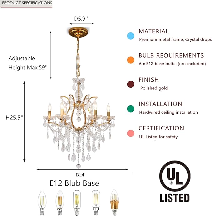 6-Light Crystal Chandelier Gold Finish Modern Luxury Antique Flush Mount Chandelier with Crystal Drops Prisms Beads, Elegant Dining Room Living Room Entryway Foyer Ceiling Light Fixture