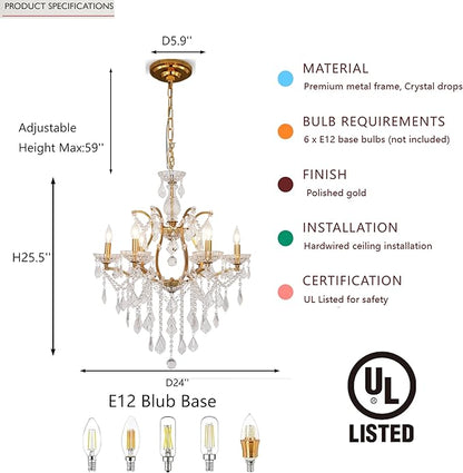 6-Light Crystal Chandelier Gold Finish Modern Luxury Antique Flush Mount Chandelier with Crystal Drops Prisms Beads, Elegant Dining Room Living Room Entryway Foyer Ceiling Light Fixture