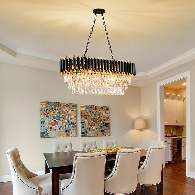 Modern Crystal Chandeliers for Dining Room 8-Light Black and Gold Chandelier Living Room Oval Contemporary Ceiling Hanging Light Pendant Light Fixture for Kitchen Island Bar L32 inch
