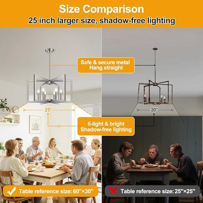 25" Modern Brushed Nickel Chandelier for Dining Room, No Assembly Required Brushed Nickel Dining Room Light Fixture Over Table, Industrial Metal Hanging Pendant Lights Fixture for Kitchen Island