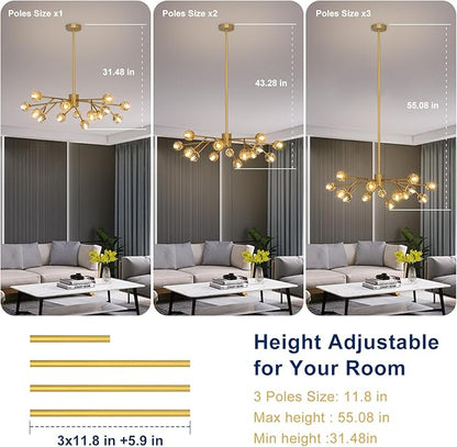 Depuley Sputnik Chandelier for Dining Room: 15-Light Ceiling Light Fixture Height Adjustable - Mid Century Gold Chandelier for Bedroom Living Room Kitchen Over Table Foyer (Included G9 Bulbs)