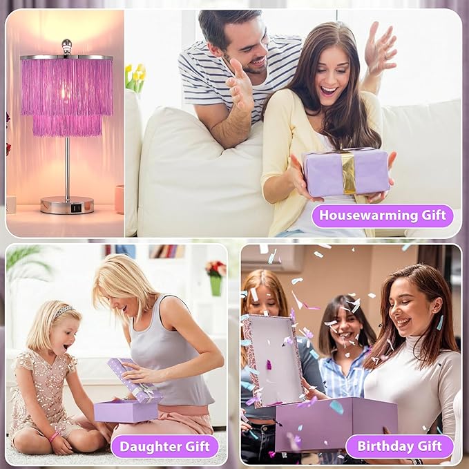 Lovlast Girls Table Lamp with Tassel Lampshade, 3 Way Dimmable Touch Bedside Purple Lamp with USB C + A Ports, Lavender Nightstand Lamp for Girls Bedroom, Living Room, Office, LED Bulb Included