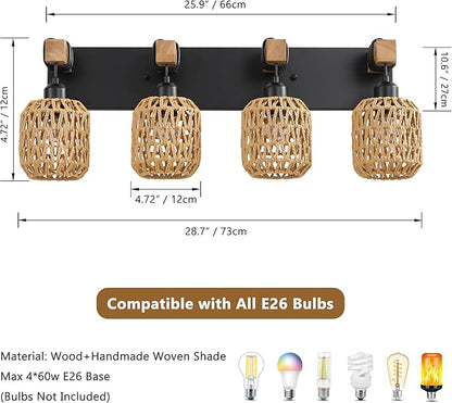 LmnLvn Farmhouse Bathroom Light Fixture, 4-Light Boho Vanity Light, Rattan Bathroom Light Fixture Over Mirror Rustic Vanity Lighting with Handwoven Shades, Suit for Restroom, Bedroom, Hallway