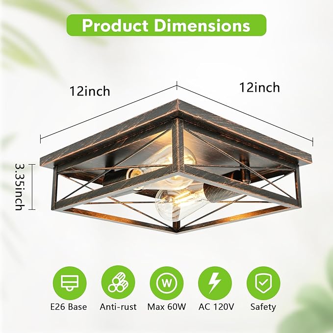 Farmhouse Ceiling Light Fixture - Industrial Square Modern Black Flush Mount Ceiling Light for Kitchen, Hallway, Bedroom, Balcony, Porch, Stairway, E26 (1 Pack - Black Gold, 12 Inch)