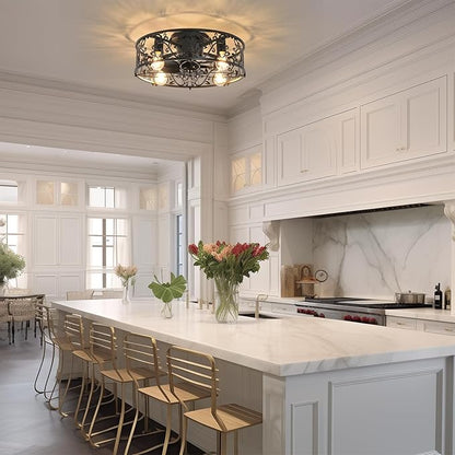 Garwarm Caged Ceiling Fan with Light,20" Ceiling Fans with Lights and Remote,Flush Mount Bladeless Fandelier,Small Low Profile Ceiling Fan for Bedroom,Kitchen,Dining Room,Black