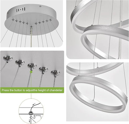 Benkut 5-Rings Modern LED Chandelier Silver High Ceiling Chandelier with Remote Control Dimmable Pendant Lighting for Dining Room Foyer Living Room Entryway Staircase(3000K-6500K, D23.6in)