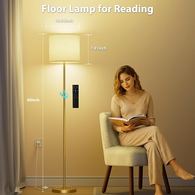 Keepsmile Dimmable Floor Lamps for LivingRoom with 12W LED Bulb, Foot Switch, Remote Custom Color Temperature Floor Light, Linen Shade Standing Lamps, Modern Tall Lamp for Office Bedroom Kid Room-Gold