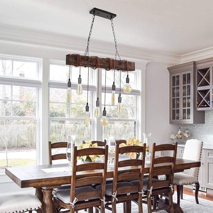 8-Lights Farmhouse Kitchen Island Pendant Light, Rustic Wood Chandeliers for Dining Room,Height Adjustable Island Light,Dining Room Bar Restaurant Cafe Pool Table.