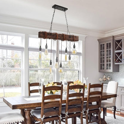 8-Lights Farmhouse Kitchen Island Pendant Light, Rustic Wood Chandeliers for Dining Room,Height Adjustable Island Light,Dining Room Bar Restaurant Cafe Pool Table.