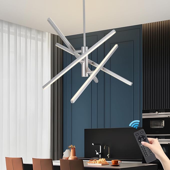 Modern Silver Chandelier Light Fixtures: LED 4-Light Sputnik Dining Room Chandeliers Silvery Linear Pendant Lights Fixture Over Table Dimmable with Remote for Kitchen Island Living Room