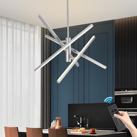 Modern Silver Chandelier Light Fixtures: LED 4-Light Sputnik Dining Room Chandeliers Silvery Linear Pendant Lights Fixture Over Table Dimmable with Remote for Kitchen Island Living Room