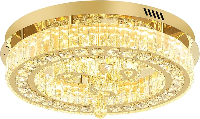20'' Gold Modern Crystal Chandelier LED Dimmable Flush Mount Crystal Ceiling Light for Living Room Bedroom Dining Room
