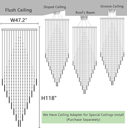 HAIXIANG W47 x H120 Luxury Crystal Chandelier with LED Bulbs Glam Raindrop High Ceiling Square Light Chandeliers for Entrance Large Villa Foyer Living Room Lighting Fixtures Silver