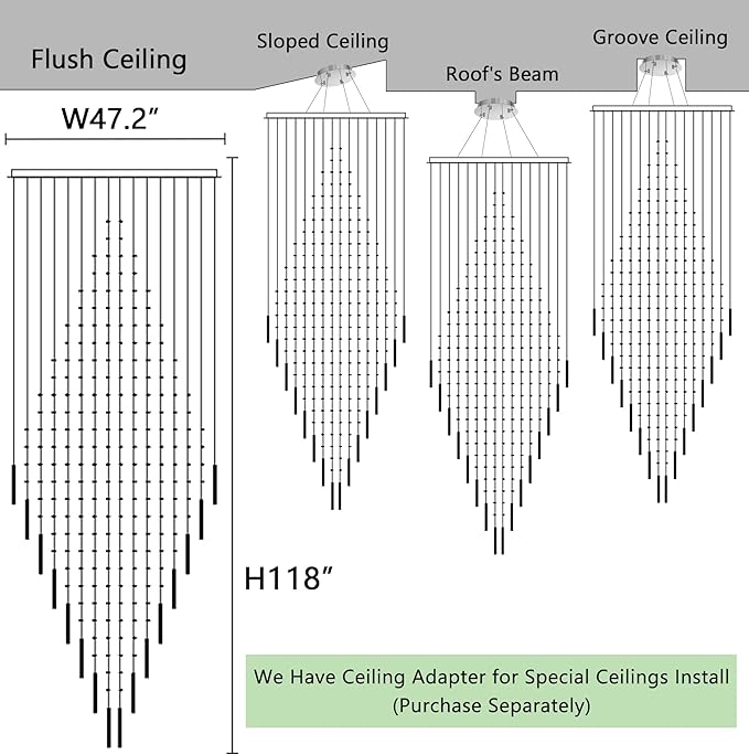 HAIXIANG W47 x H120 Crystal LED Chandelier with Light Bulbs Luxury Raindrop High Ceiling Chandeliers for Entryway Villa Staircase Foyer Living Room Lighting Fixtures Silver