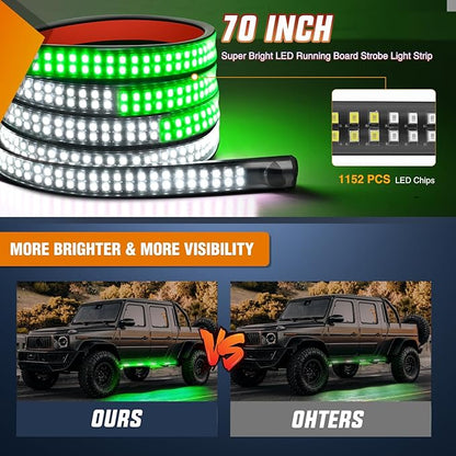 Nilight 2PCS 70 Inch Emergency Strobe Light Strip 1125 LED Running Board Lights Green White Flexible Side Flashing Warning Caution Safety Waterproof for Truck Construction Vehicles Pickup